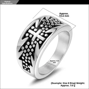 Detail view of gothic cross ring showing 10.6mm width and 4.0mm thickness specs