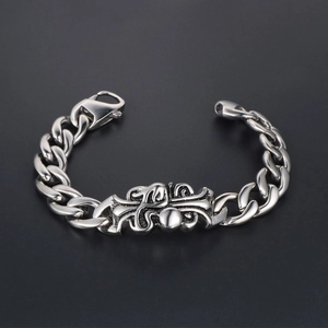 Gothic punk titanium steel cuban link bracelet with vintage floral embossed centerpiece