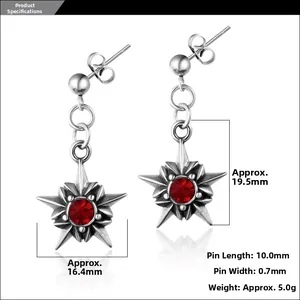 Dimensions détaillées des boucles d'oreilles étoile punk en acier avec rubis rouge