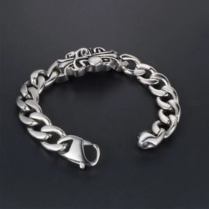 Gothic style titanium steel curb chain bracelet with vintage cross flower relief carving