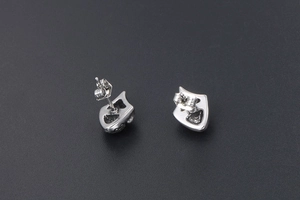 Detailed view of skull earrings with silver finish and standard butterfly backing