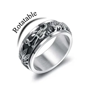 Mens rotatable dragon relief spinner ring in vintage silver-tone stainless steel