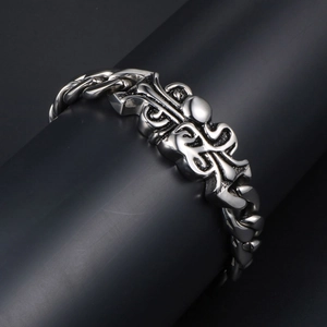 Gothic punk style thick silver stainless steel chain bracelet for men with cross carving