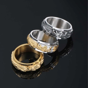 Men's dragon pattern spinner rings in gold and silver finish stainless steel