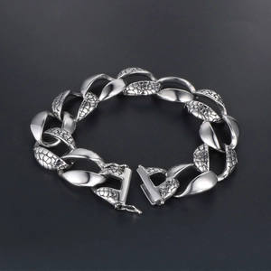 Men's rock hip hop snake pattern silver chain bracelet with heavy metal buckle