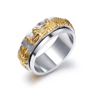 Men's punk style stainless steel spinning ring with golden dragon relief on silver band