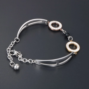 Rose gold and silver titanium steel bracelet with black obsidian bead and crystals