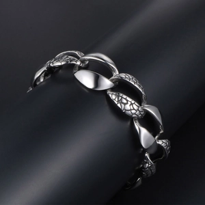 Men's hip hop silver chain bracelet with polished oval links and snake skin texture