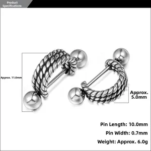 Technical drawing of punk screw stud earrings showing precise dimensions and weights