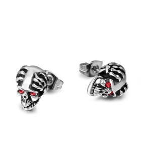 Boucles d'Oreilles Clous Crâne en Acier Inoxydable Gothique pour Hommes Bijoux Punk Argent Antique Avec Yeux en Strass Rouge