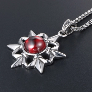 Retro stainless steel compass star pendant necklace with central red ruby stone