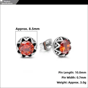 Détail de boucles d'oreilles en cristal rouge et acier titane avec dimensions indiquées