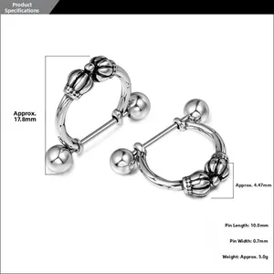 Detaillierte Größenmaße für Vintage-Kronen-Ohrringe aus Edelstahl in Silber-Optik