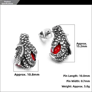 Detailed view of punk dragon claw earrings with red stones and precise dimensions