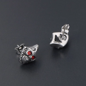 Gothic titanium steel skull stud earrings with red rhinestone eyes for Halloween punk style