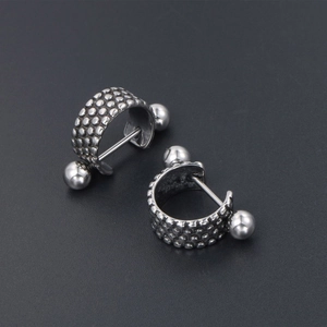 Polka dot studded titanium steel semi-hoop earrings with punk rock ball screw back