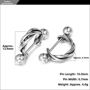 Dettaglio orecchini a perno con sfera intrecciata e dimensioni in finitura argento