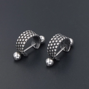 Punk style polka dot embossed titanium steel hoop earrings with polished metal ball ends
