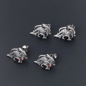 Vintage stainless steel lion head stud earrings with red and black crystal accents