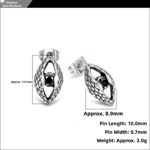Detail view of men's evil eye stud earrings with black stones and size measurements