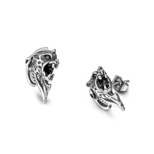 Mens roaring lion head stud earrings in titanium steel with black zircon stones