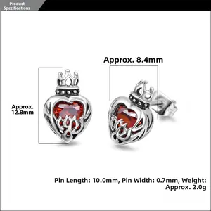 Detailed size specifications for heart crown earrings with red ruby in silver finish