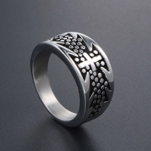 Men's titanium steel cross ring with textured dots in a vintage industrial silver finish