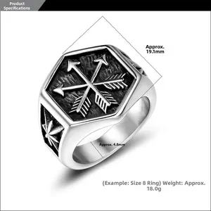 Detailed view of punk arrow signet ring showing 19.1mm face width and leaf engraving