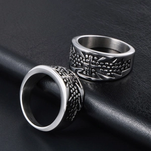 Polished titanium steel cross rings with embossed dot patterns for men in punk style