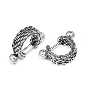 Punk Hip Hop Stainless Steel Braided Texture Hoop Earrings For Men Women Retro Industrial Style Silver Tone Ear Buckle Jewelry