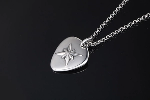 Detail eines Gitarrenplektrum-Anhängers mit Sternmuster an einer eleganten Edelstahlkette