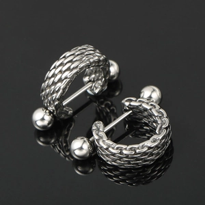 Silver titanium steel hoop earrings with woven texture and barbell screw ball closures