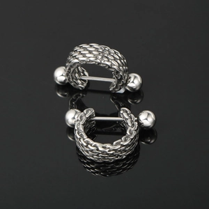 Hip hop punk style titanium steel earrings with silver braided mesh shield design