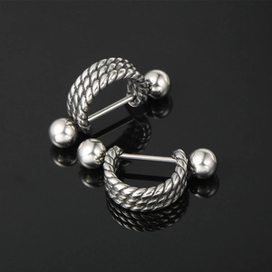 Unisex punk industrial rope texture stainless steel hoop earrings with polished silver spheres