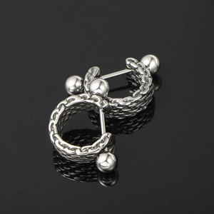 Hip hop titanium steel hoop earrings featuring woven chain texture and barbell closures