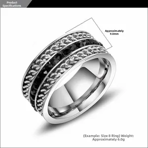 Detail view of 9.0mm wide punk titanium steel ring with chain texture and black beads