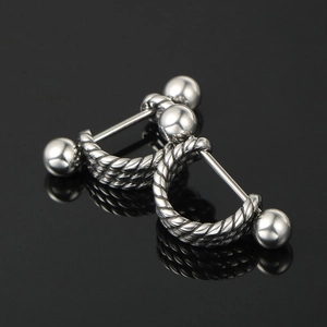 Pair of silver horseshoe earrings with spiral rope texture and screw-on ball ends