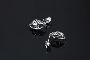 Detailed view of silver dragon eye stud earrings with black stones and scale texture