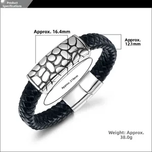 Detailed specs of black braided leather bracelet with 16.4mm engraved steel plate