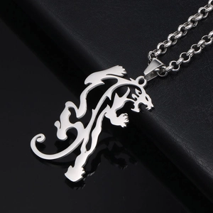 Sleek silver leopard pendant necklace with hollow totem design on black leather background