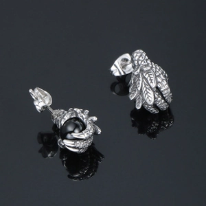 Punk 3D dragon claw stud earrings with black bead in polished silver finish
