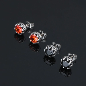 Boucles d'oreilles rétro en acier titane avec pierres rouges et noires serties en couronne