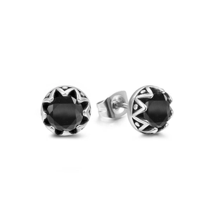 Boucles d'oreilles en acier titane avec pierres noires facettées et socle argenté ciselé