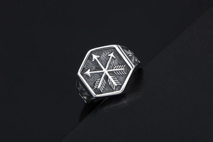 Macro view of vintage punk steel ring featuring crossed arrows on a hexagonal face