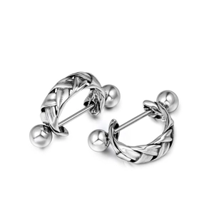 Vintage chunky braided hoop earrings in silver metal with twisted texture for rock fashion