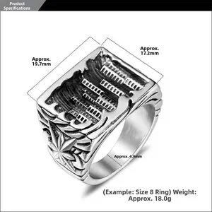 Macro detail of men's titanium steel ring showing architectural pattern and 19.7mm size