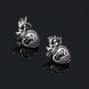 Vintage style crown heart stud earrings with black gemstone in polished silver steel