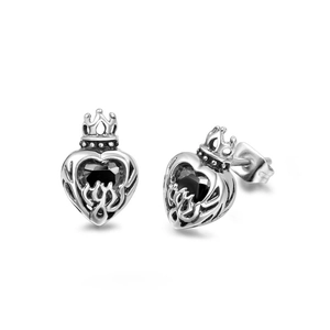Gothic crown heart stud earrings with black gemstone in vintage titanium steel