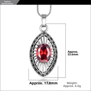Detailed size chart of waterdrop pendant with ruby zircon and mesh texture pattern