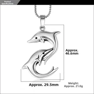 Detailed size parameters of playful dolphin pendant with 46.6mm height and 21.0g weight